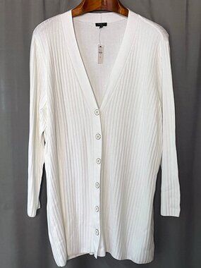 NWT Talbots Plus Size White Ribbed V-Neck Cardigan Sweater - 2X